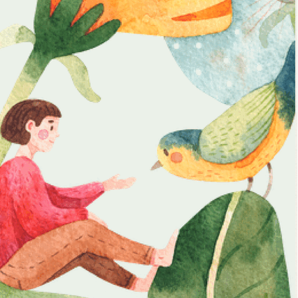 Watercolour illustration from the book launch invitation: a child reaching towards a small bird among large leaves