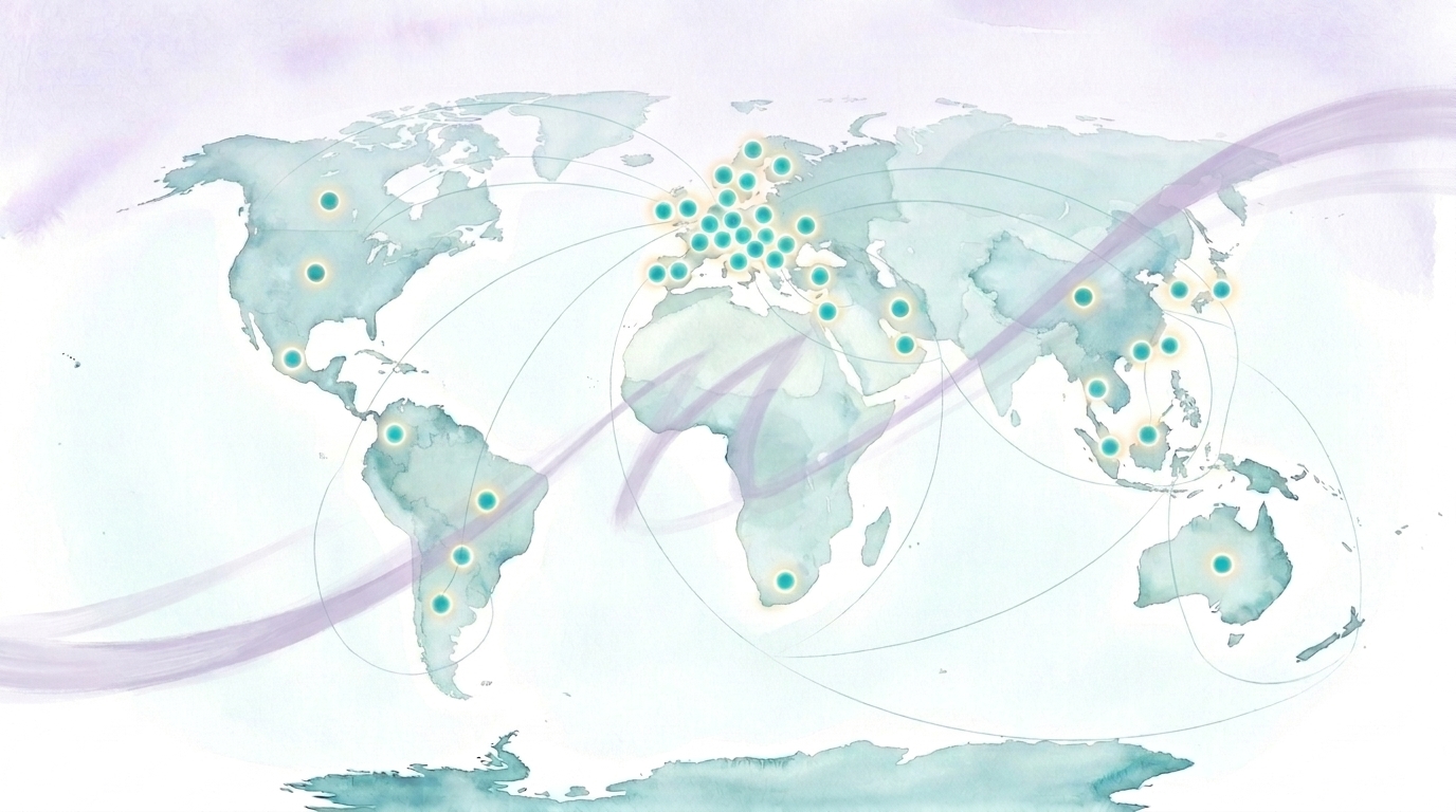 Watercolour world map showing MWC member locations as turquoise dots across North America, South America, Europe, Africa, Asia, and Oceania.